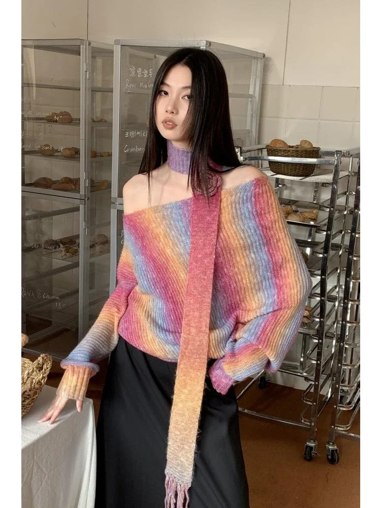 Women Rainbow Pullover Knitted Sweater Y2k 90s Aesthetic Fashion Harajuku Korean Vintage Long Sleeve Sweaters 2000s Clothes 2023