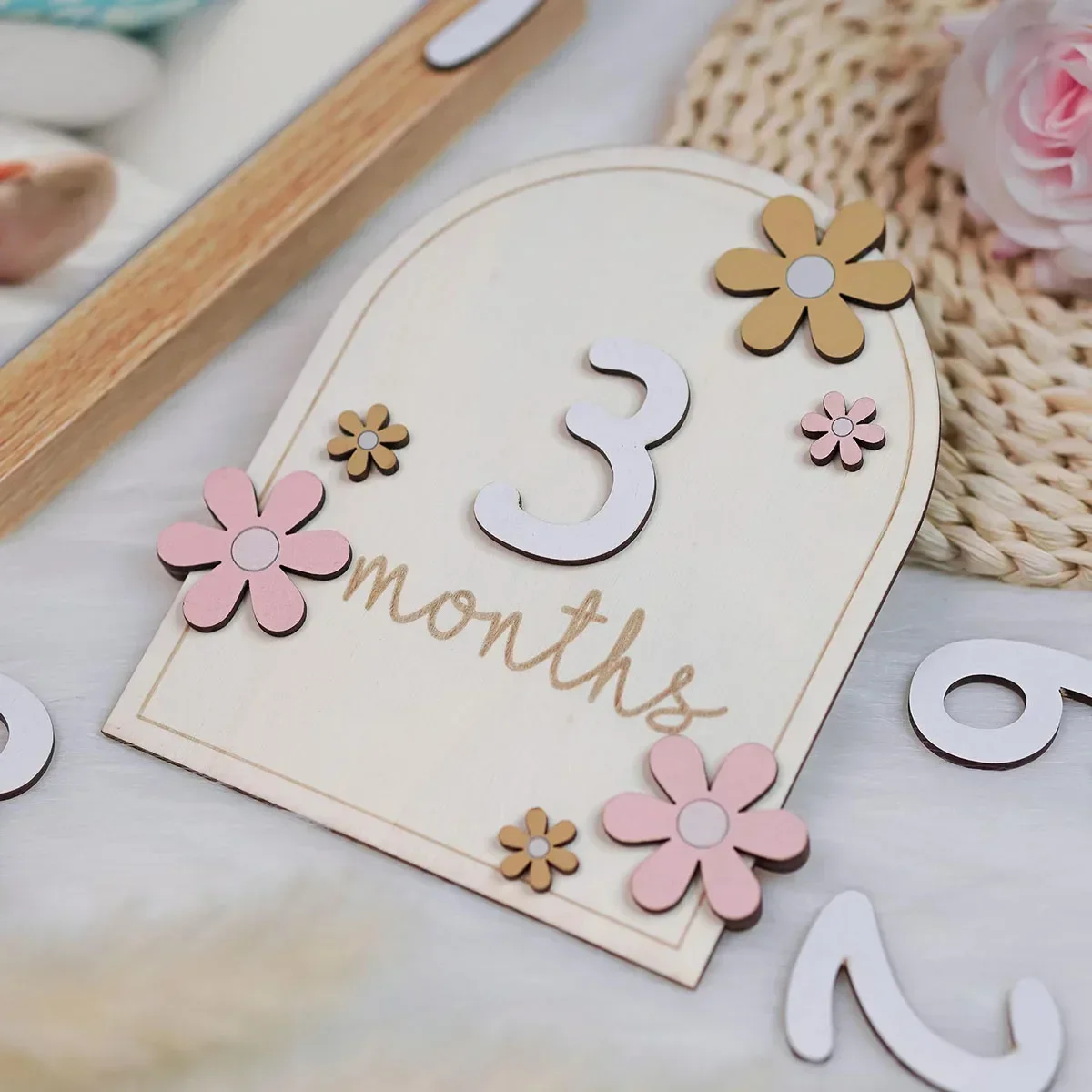 Newborn Photography Props Baby Monthly Milestone Cards Wood Flowers Double Sides Girls Boys New Born Photography Accessories