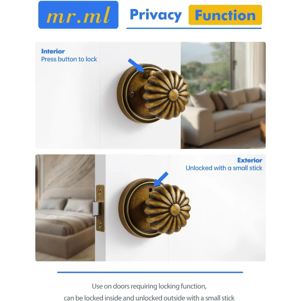 Antyczne mosiężne klamki do drzwi w stylu vintage - retro uchwyty do drzwi wewnętrznych do łazienki i sypialni, gałka ze stopu aluminium w klasycznym stylu