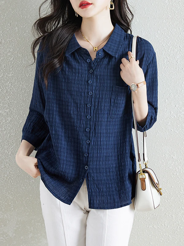 Ladies Cotton Linen Shirt Three Quarter Sleeve Fashionable Summer Top Large Size Button down Casual Loose Fit Plain Color