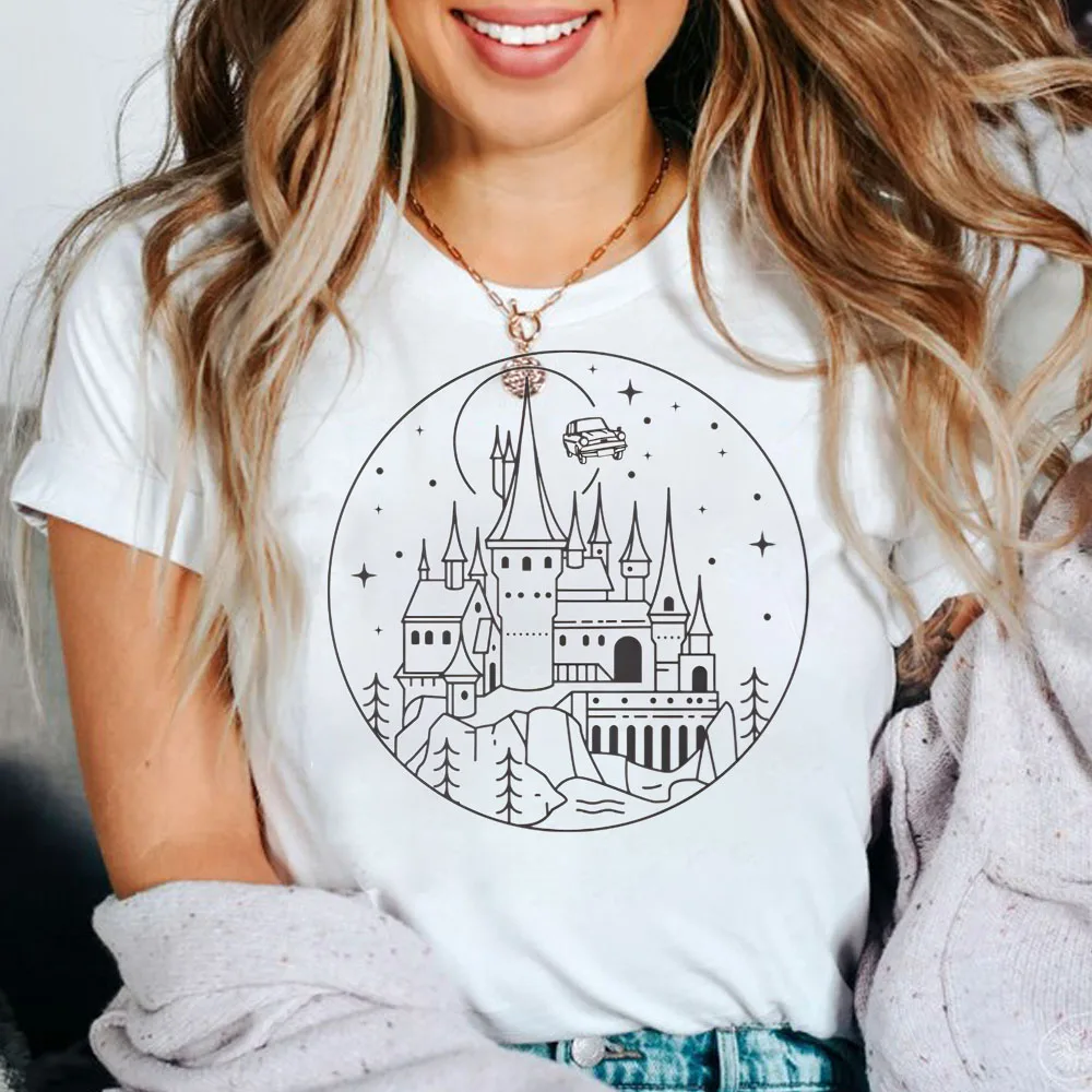 

Magical Wizard Castle T Shirts for Women Clothing Universal Vacation Shirt Flying Car Wizard Wand Witchy Witchcraft and Wizardry