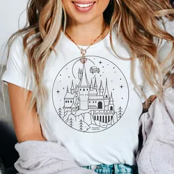 Magische Zauberer Schloss T-Shirts für Frauen Kleidung universelle Urlaub Shirt fliegende Auto Zauberer Zauberstab Hexen Hexerei und Zauberei