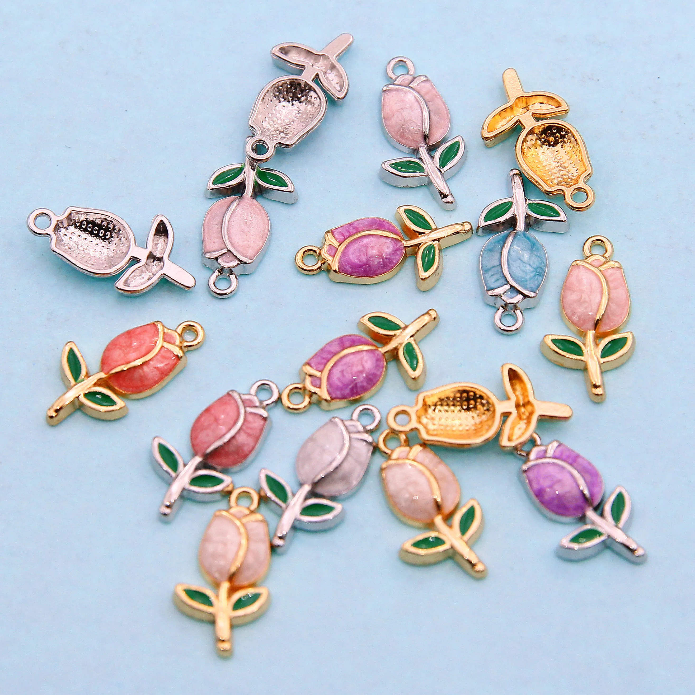 10pcs 22*11mm Simple Temperament Style Mixed Color Tulip Flowers Small Fresh Alloy Pendant Diy Necklace Earrings Accessories