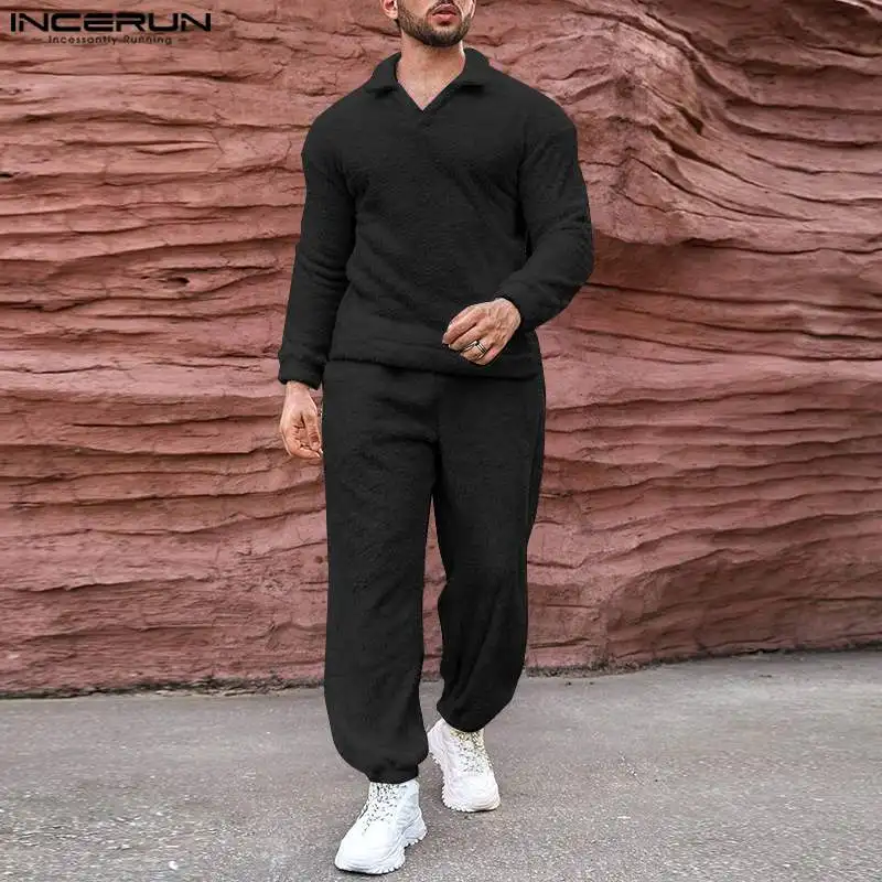 

INCERUN Men Sets Solid Color Plush Fleece V Neck Long Sleeve T Shirt & Pants Two Pieces Sets Streetwear 2024 Casual Men's Suits