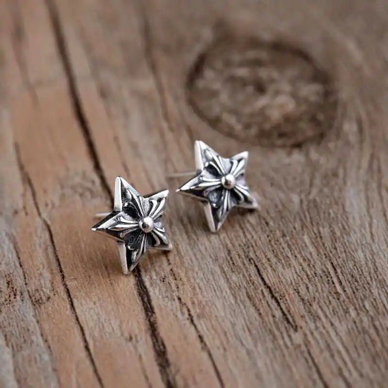 Street hip-hop earrings 925 sterling silver personalized retro hexagonal star temperament men's and women's trendy accessories