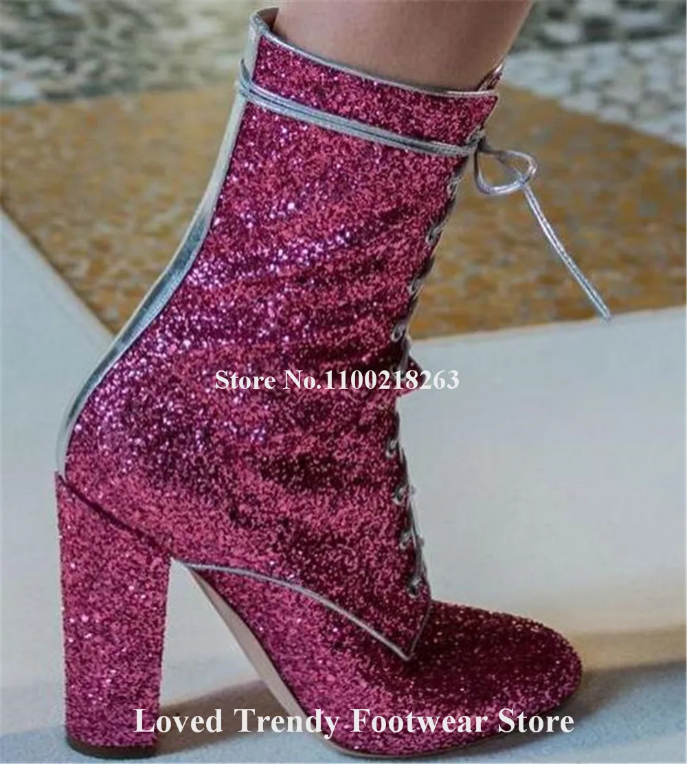 

Bling Bling Pink Glitters Chunky Heel Short Boots Sexy Round Toe Sequined Lace-up Thick Heel Ankle Booties Big Size Heels