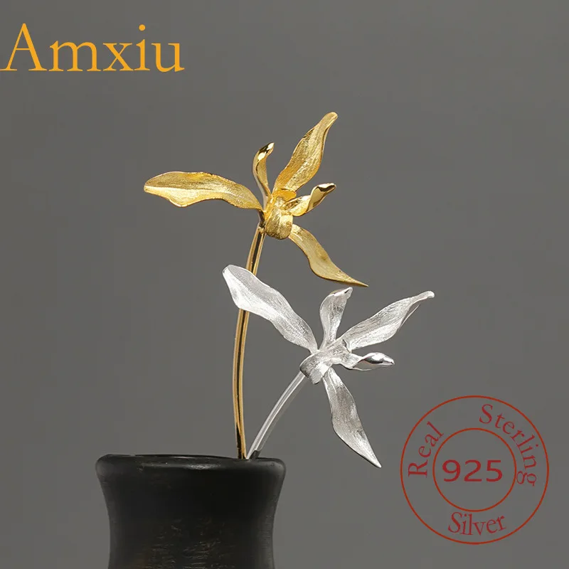 

Заколка для волос Konggu из стерлингового серебра 925 пробы Amxiu, новый китайский национальный стиль, элегантный простой художественный аксессуар для волос с цветочным принтом орхидеи