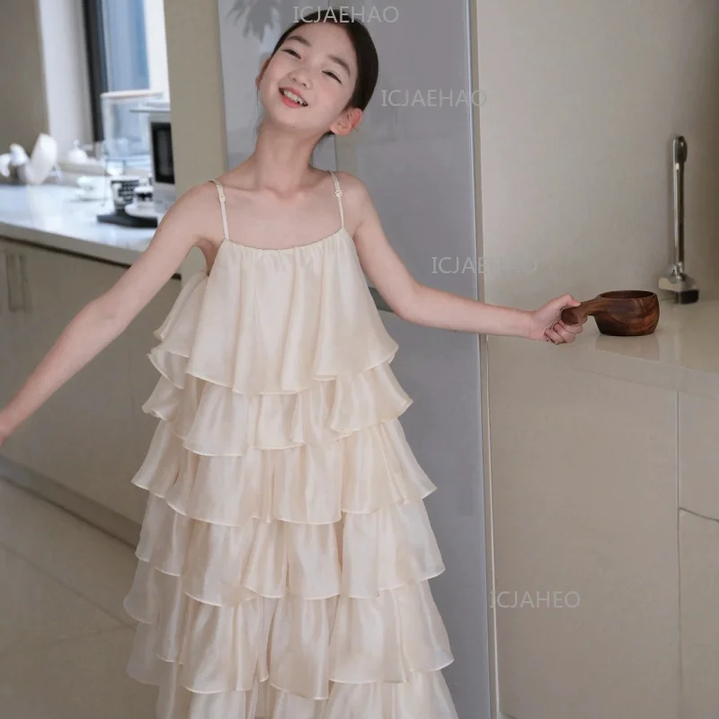 2026 Children Beige New Kids Princess Gown Sleeveless Display Style Pageant Girls Dress SummerCostume Elegant Fashion Simple