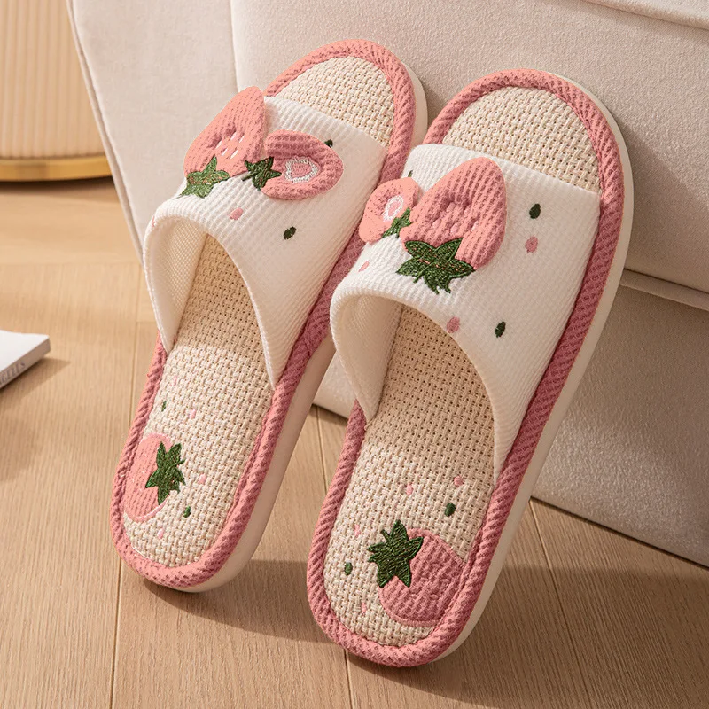 Strawberry Linen Women Slippers Home Open-Toe Designer Summer Shoes Girls Indoor Slides Non-Slip Soft Silent Unisex Breathable image 3