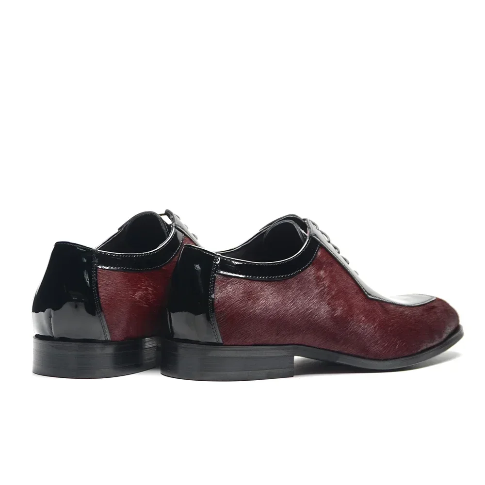 Luxury Designer Italian Men\'s Genuine Leather Maroon Horsehair Dress Shoes for Social Wedding Party Evening Man Suit Oxfords