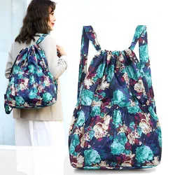 Retro Drawstring Backpack Women's Large Capacity Nylon Folding Portable Shopping Bag Outdoor Travel Shoulder Bag Bundle Pocket