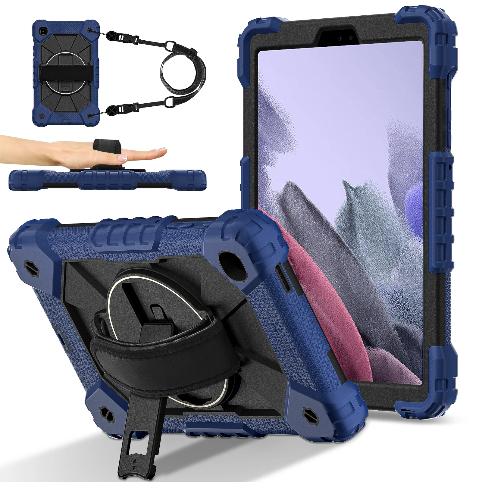 

For Samsung Galaxy Tab A7 Lite 8.7-inch T225 / T220 Case Silicone + PC Kickstand Tablet Cover with Handy Strap, Shoulder Strap -