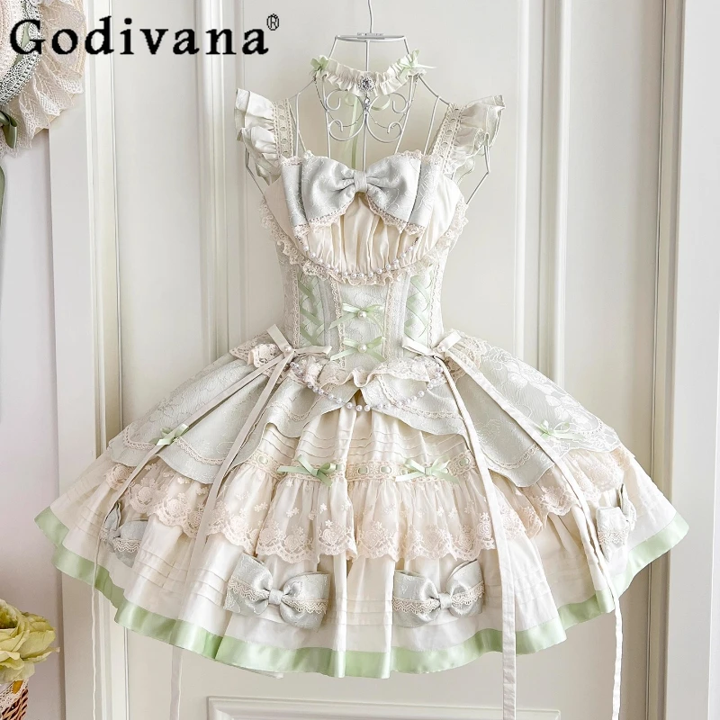 

Green Girl Summer Fresh Mint Color Dress Ballet Style Lace Short Lolita Dress Women's Spring Summer Bow Puffy Princess Dress