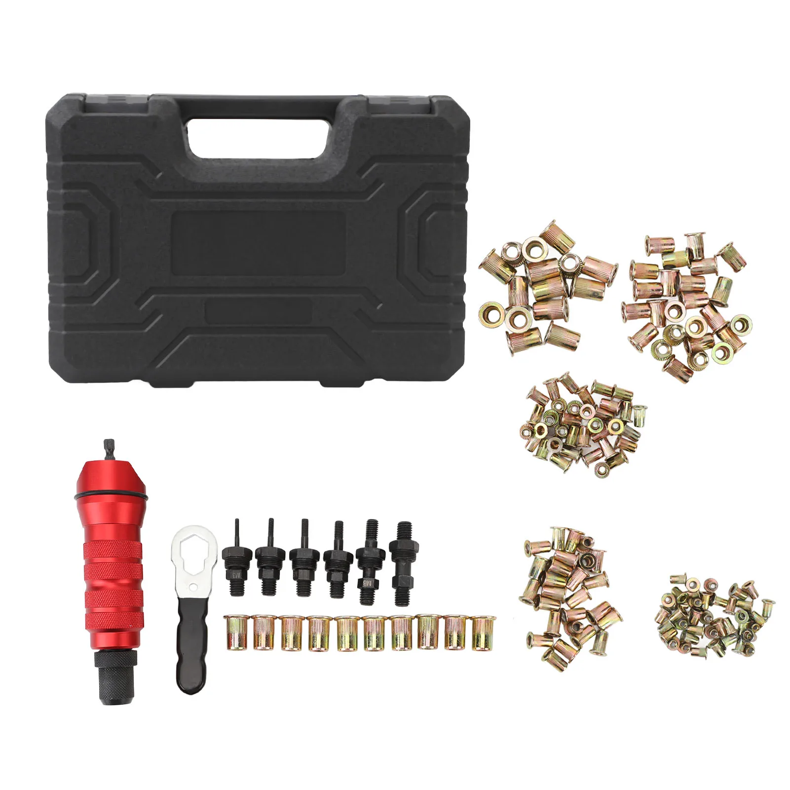 Rivet Nut Drill Adapter Kit Electric Rivet Drill Adapter Kit 2.4‑6.4mm 6 Interchangeable Rivet Head 150 Nut Rugged Carrying Case