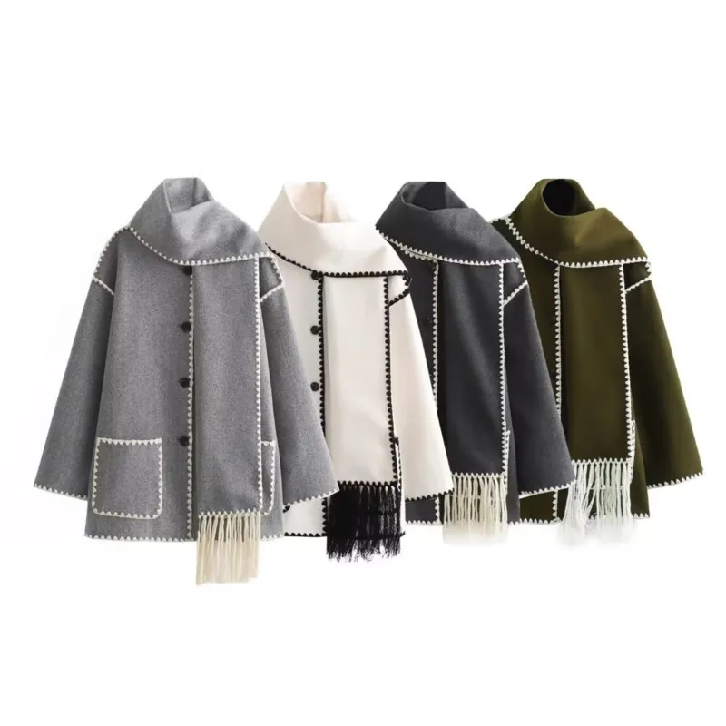 Outwears Autumn Winter Women Fashion Loose Button Scarf Collar Splice Woolen Coat Female 2024 Casual Long Sleeve Pocket Tops