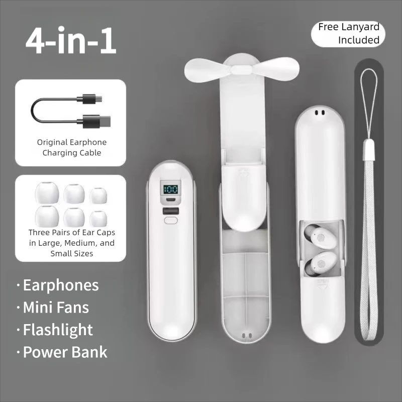 

Multifunctional 4-in-1 Wireless Bluetooth Earphone With Mini Fan Flashlight Power Bank Portable LED Display Long Battery Life