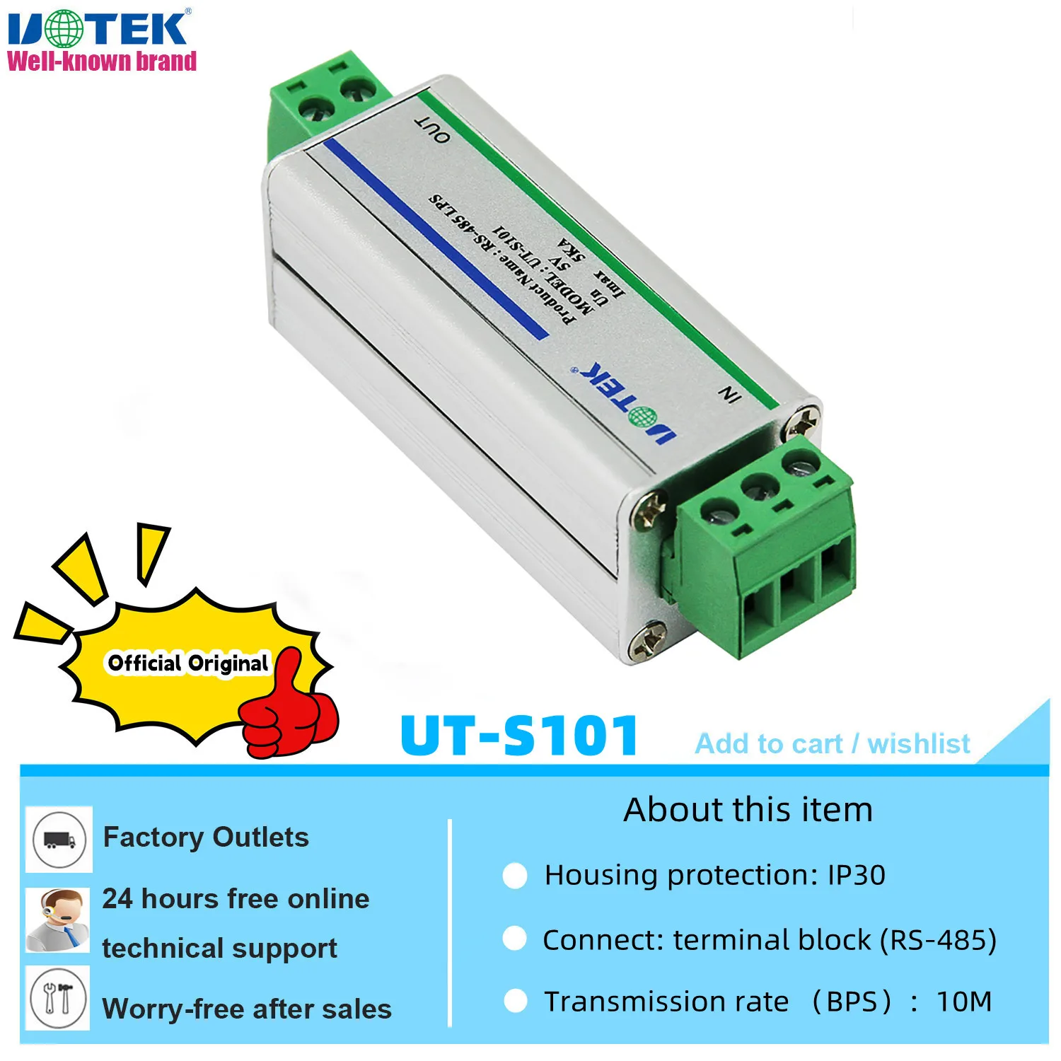 

UOTEK Industrial Grade RS-485 Lightning Arrestor Arrester RS485 Isolator Module ESD Surge Protector Level 4 IP30 5KA UT-S101