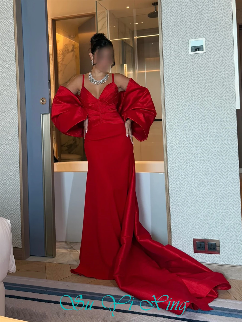 تخصيص بسيط الأحمر جيرسي مساء اللباس الرسمي الحبيب أكمام فساتين المشاهير مثير حورية البحر قطار المحكمة فستان كوكتيل #5