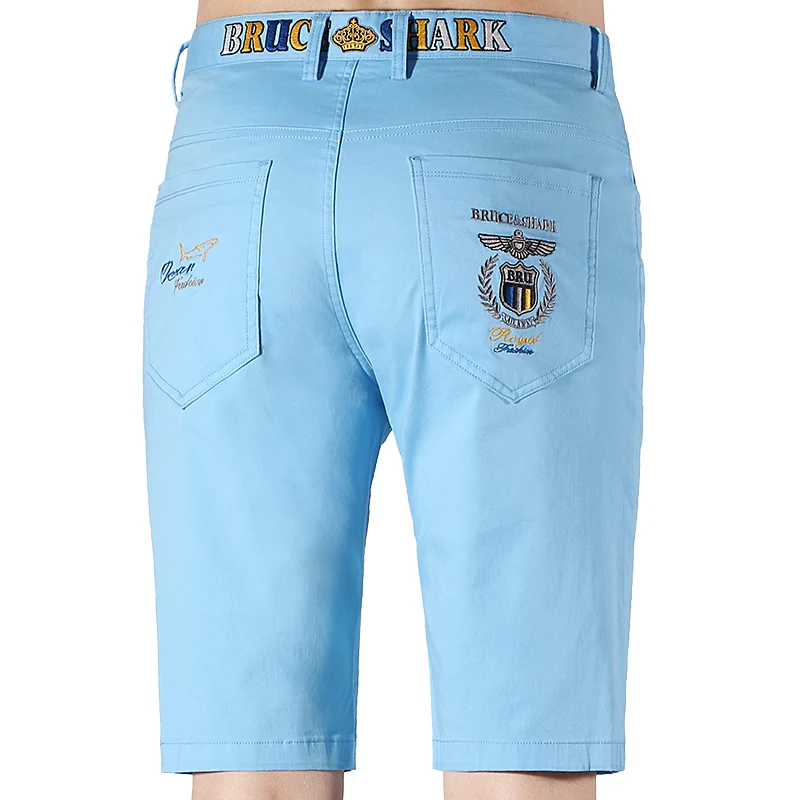 Bruce&Shark New Summer Straight Men\'s Light Blue Casual Shorts Thin Stretch Cotton Fashion Men\'s Short Pants Embroidery Beach