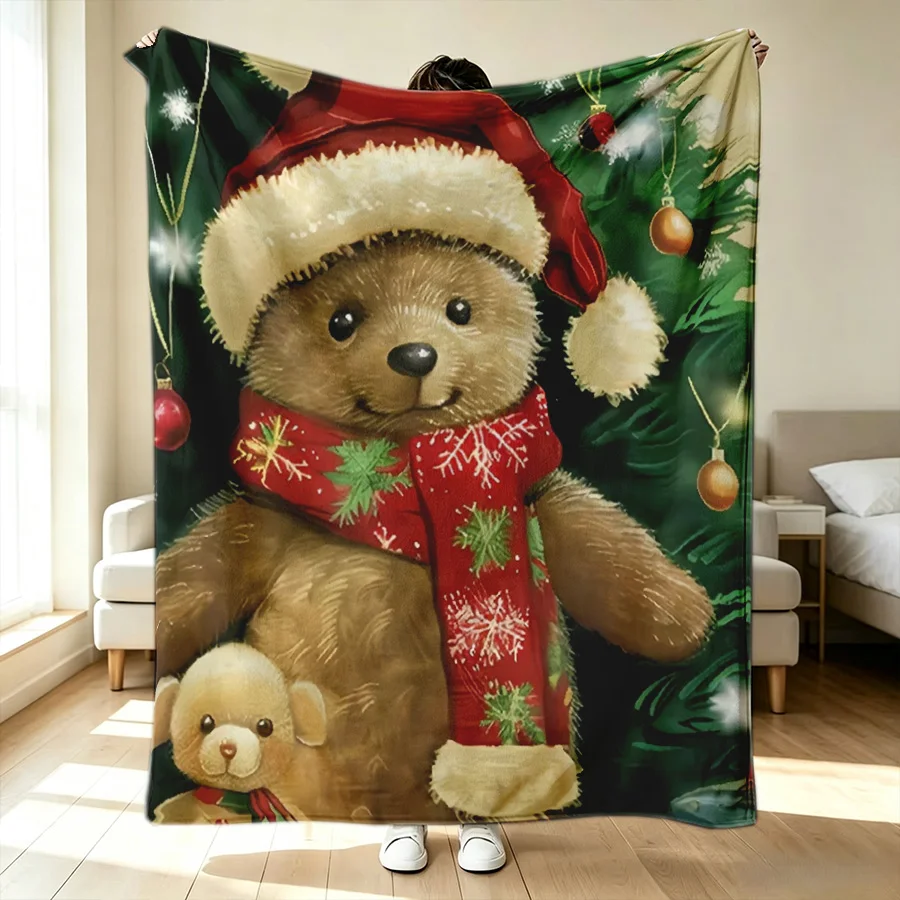 1PC Christmas teddy bear with hat pattern flannel blanket, cute 2D single-sided printed holiday sofa bed decorative blanket