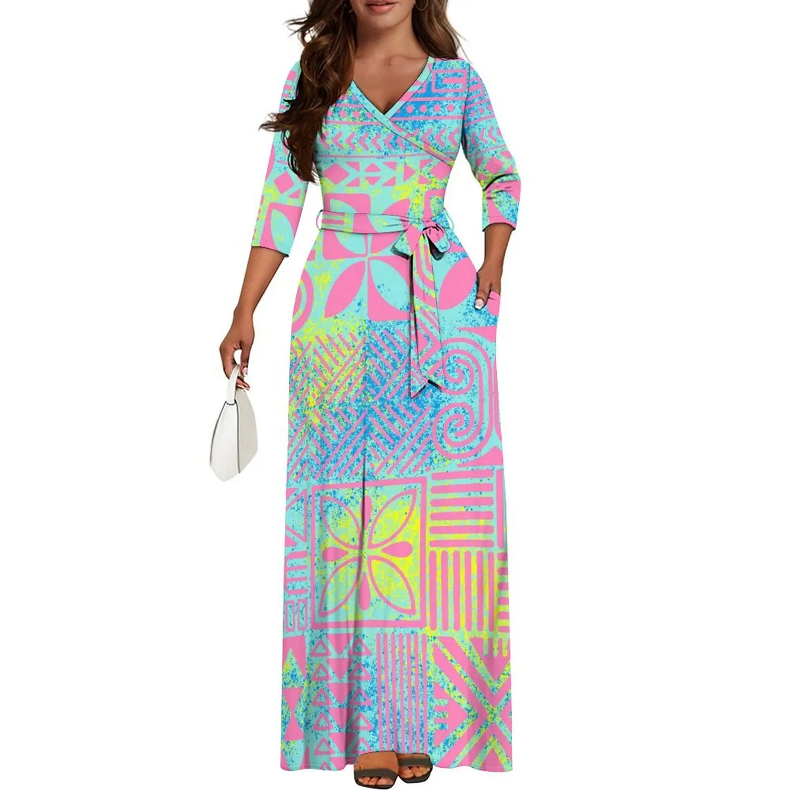 Factory Wholesale Custom 3/4 Sleeve V Neck Tie-Up Long Dress Polynesian Elei Tribal Design High Waist Belt Pocket Ladies Dress