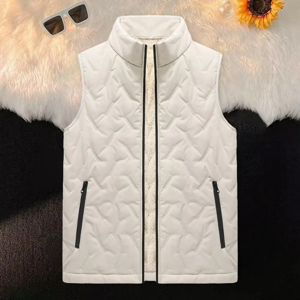 Men Vest Men's Stand Collar Velvet Lined Vest with Pockets Solid Color Zipper Waistcoat Thick Cotton Vest for Winter Warmth