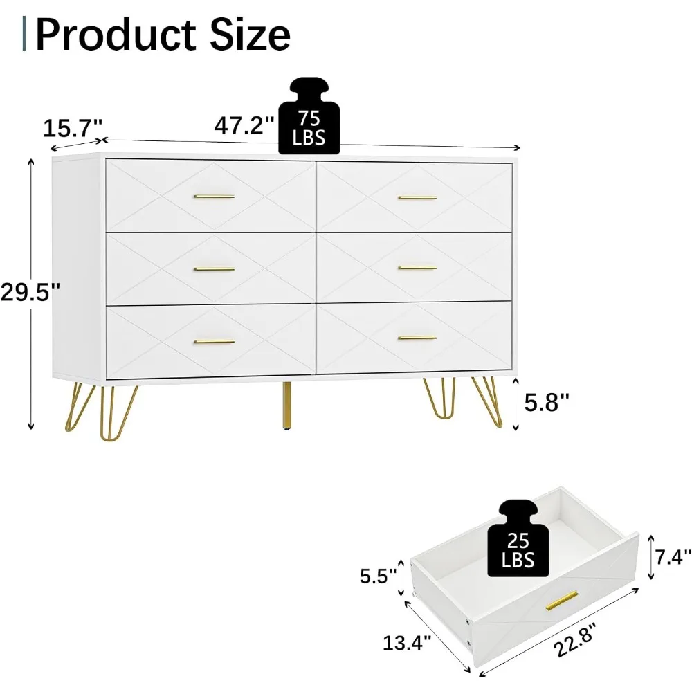 White Dresser for Bedroom, Modern Bedroom Dresser with 6 Deep Drawers, Wide Chest of Drawers with Gold Handles for Living Room