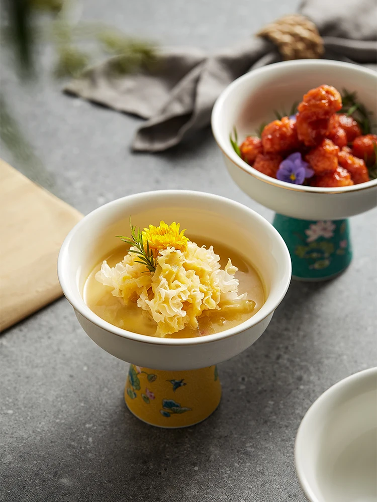 ชามทรงสูงสไตล์เรโทร จานชาหรูหรา จานใส่ผลไม้อบแห้ง จานอาหารจีน จานโชว์อาหารโรงแรม จานเซรามิกสไตล์จีน