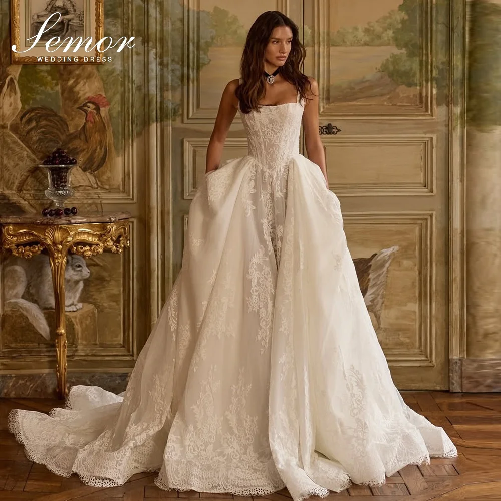 Semor Exquisites Spitzen-Spaghettiträger-Hochzeitskleid mit eckigem Ausschnitt, maßgeschneidertes A-Linien-Plissee-Brautkleid im Bohemian-Stil für Damen 2026