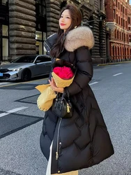 Fox Big Fur Collar Down Jacket Women Winter New Long Over The Knee Lace-Up Waist Slim Elegant Commuter White Duck Puffer Coat