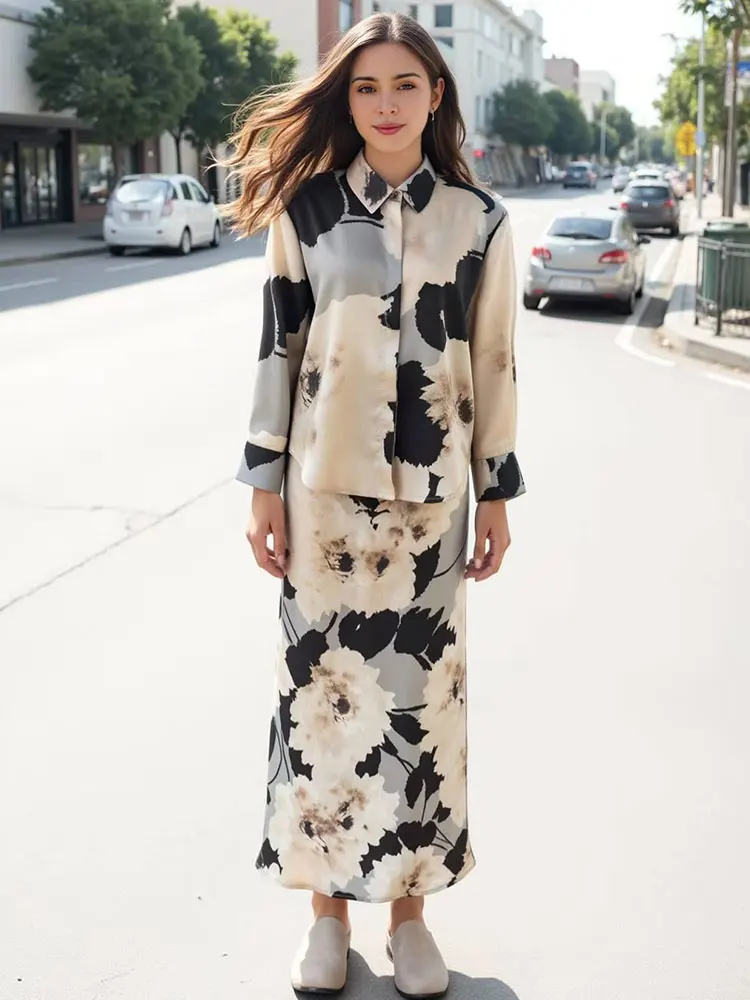 

HH 2025 женская винтажная блузка с цветочным принтом, юбки, комплекты рубашек с длинными рукавами и лацканами, высокая талия, тонкий весенне-летний отпускной наряд