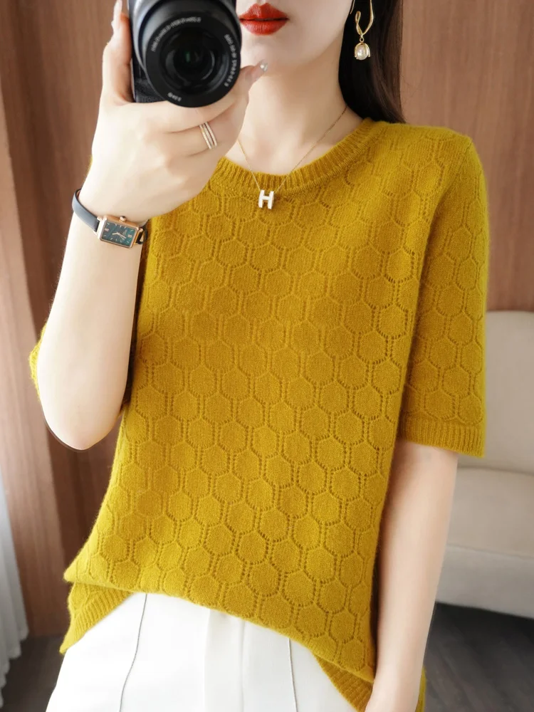 100% Merino Wool Women\' Sweater Spring Summer O-Neck Cellular Solid Color Hollow Out Pullover Short Sleeved Higt-Quality Tops