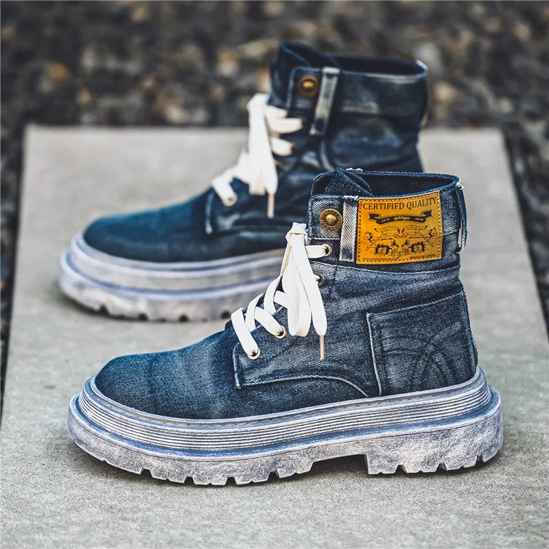 

Retro Denim Boots for Men Men's Tooling Boot Lace-up Western Basic Boots High Top Working Shoes for Men Outdoor Platform Boots