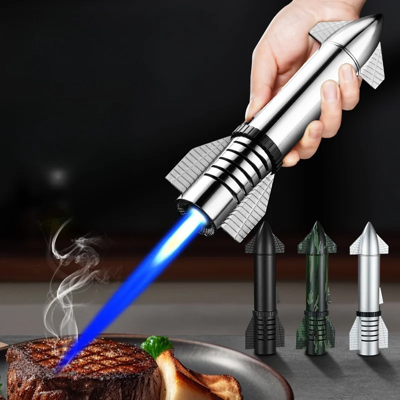 Metal Body Outdoor Starship Shape Butane Gas Lighter Blue Flame Turbine Torch Spray 360° Use Ignition Gun Gift Box Packaging