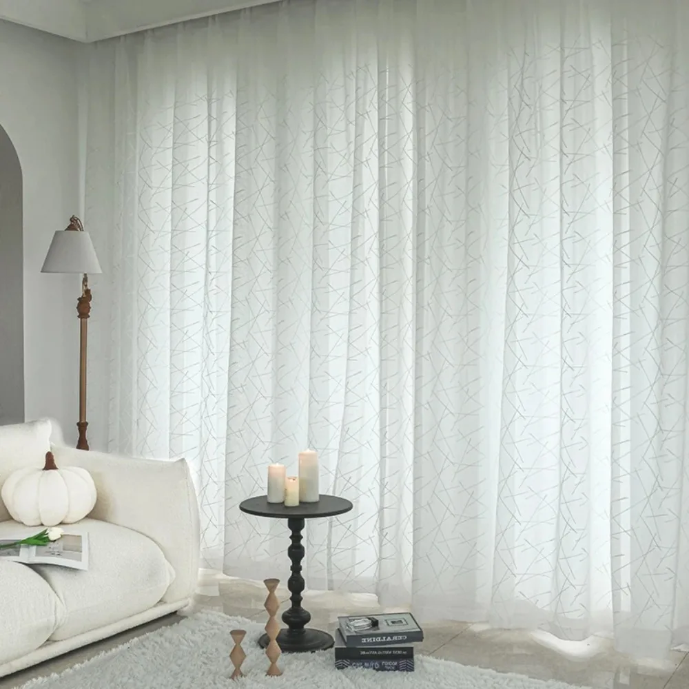 White Striped Embroidered Sheer Tulle Curtains for Living Room Doorway Patterned Voilage Rideau Wedding Decor Embroidery Panel