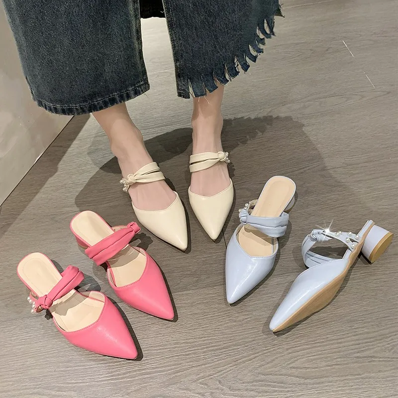 New Pointed Toe Pearl Decoration Elegant Low Heels Casual Shallow Comfortable Fashion Slippers Shoes for Women Zapatos Mujer