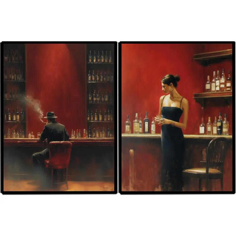 Large Vintage Cigar Man Canvas Print HD Moody Red Evening Lounge Wall Art for Pub Home Bar & Romantic Modern Decor
