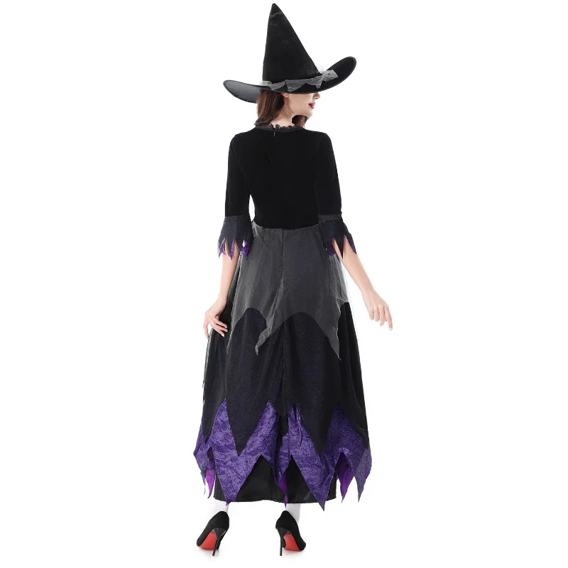 2025 nuevo disfraz de Halloween para mujer, disfraz de bruja de malla púrpura para adulto, conjunto de vestido de manga larga para actuación de fiesta de carnaval