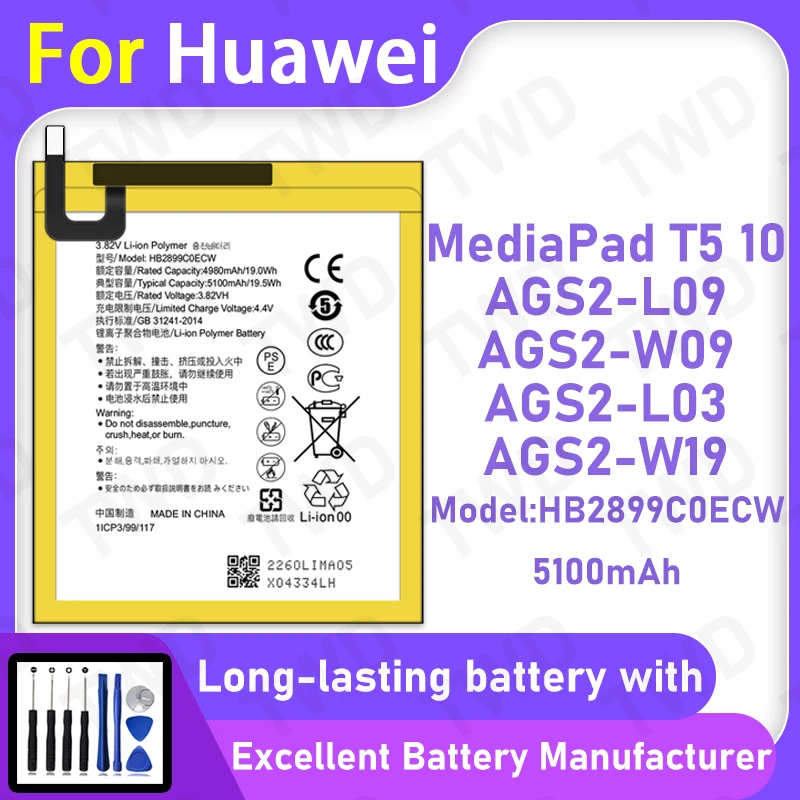 

100% New High Quanlity Battery HB2899C0ECW For Huawei MediaPad T5 10/AGS2-L09 battery+Free Tools