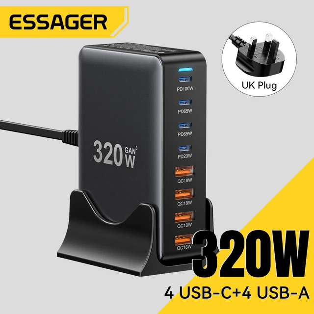 Essager 320W GaN Ładowarka 8Port USB Typ C Stacja ładująca PD 100W Szybkie ładowanie dla iPhone 16 15 14 iPad MacBook Laptop