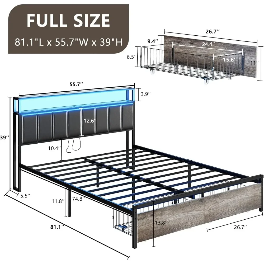 Bed frame with drawers, full platform bed frame with 2 layers of storage, charging headboard, no need for spring mattresses