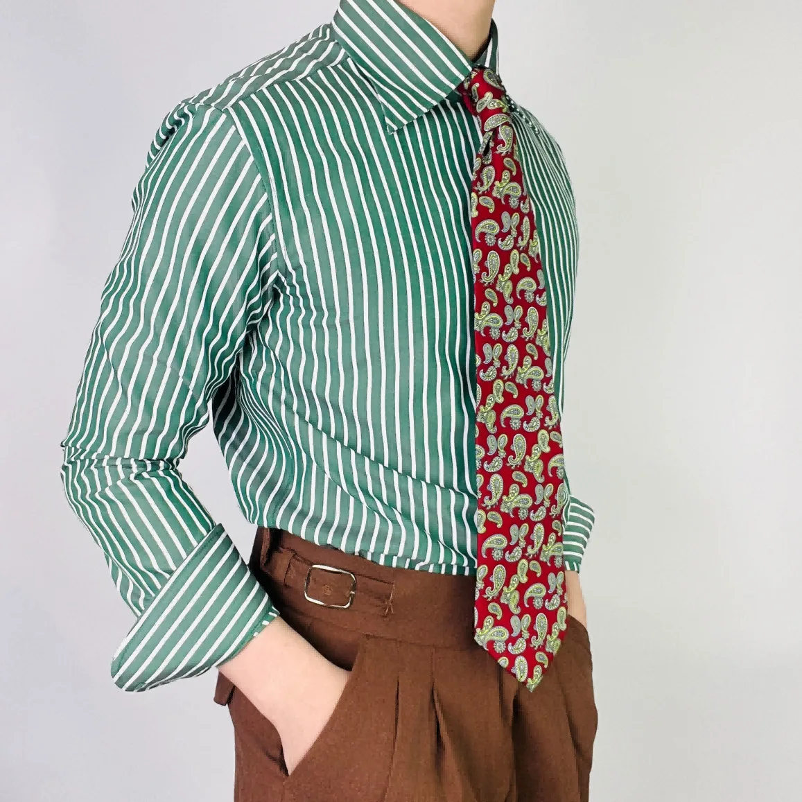 

Green Striped Men's Long Sleeve Shirt Business Sharp Collar High Quality Vertical Stripes Arc Collar Versatile Casual Fashion