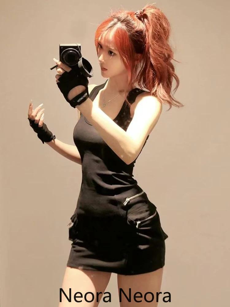 美的セクシーな夏の新しいスキニードレスハイストリートホットガールスリングスリムオフショルダードレス女性ヴィンテージ Y2k 黒シースドレス