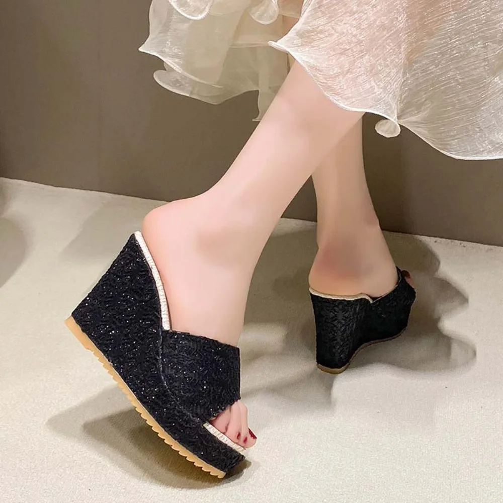 

Heel Height 10cm Slope Heel Sandals Black Beige Casual Shoes Roman High Heels Non-Slip All Match Slippers Women Female