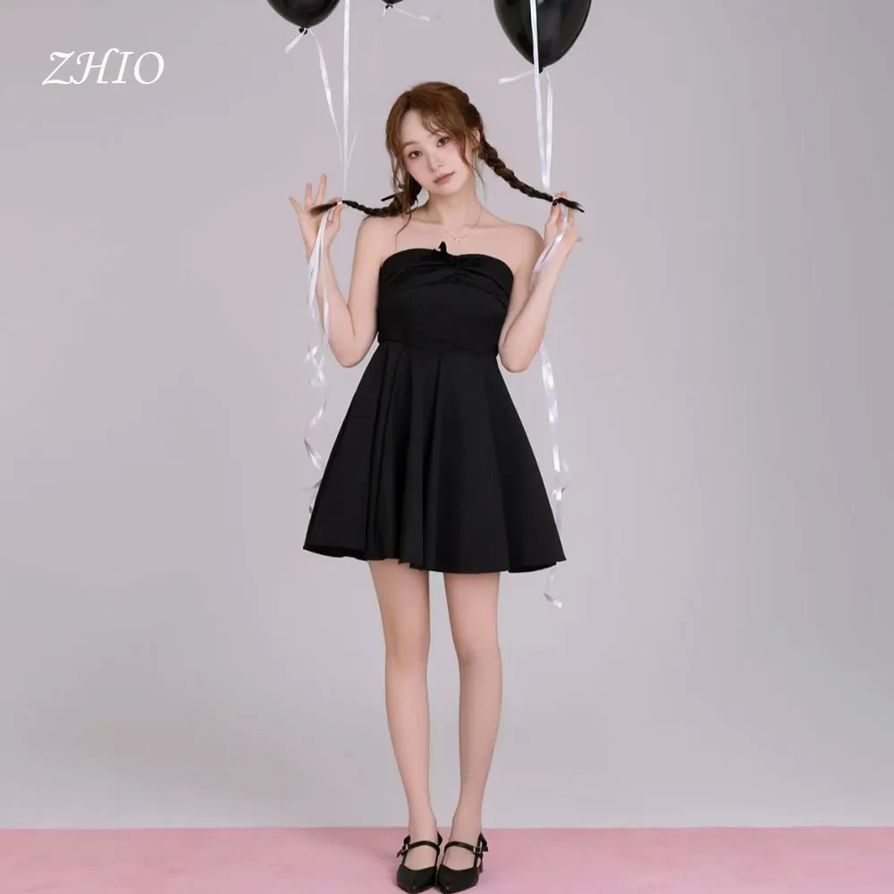 ZHIO Sweet Black Short Wedding Party Dress Strapless A-Line Birthday Korea Photo Shoot Bridal Reception Gown Custom 웨딩드레스