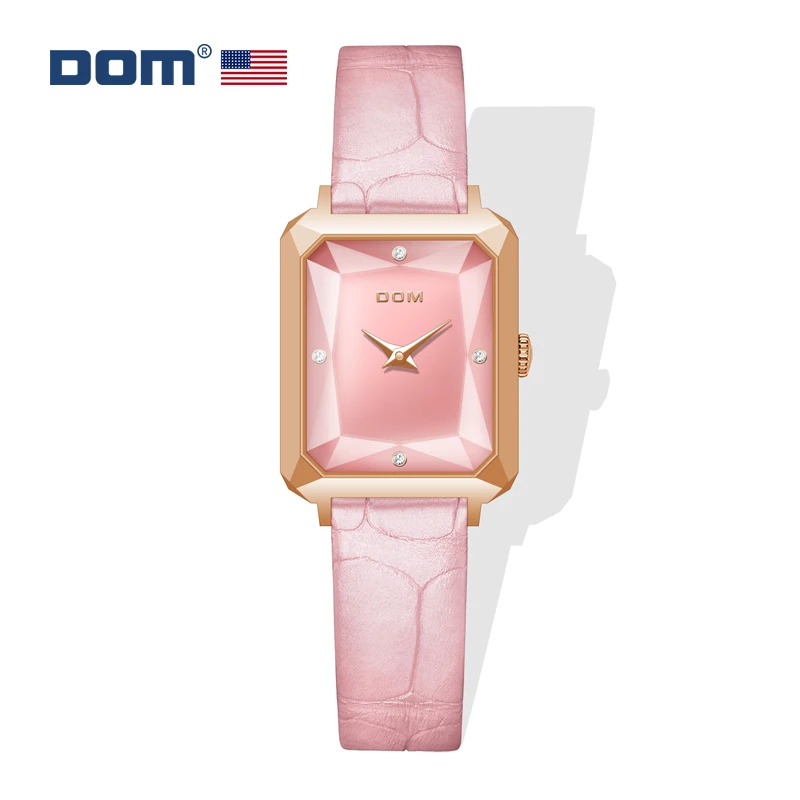 

DOM 1370 Women's Square Quartz Watch Pink Fashion Elegant Simple Diamond Pointer Stainless Wristwatches for Ladies Watches