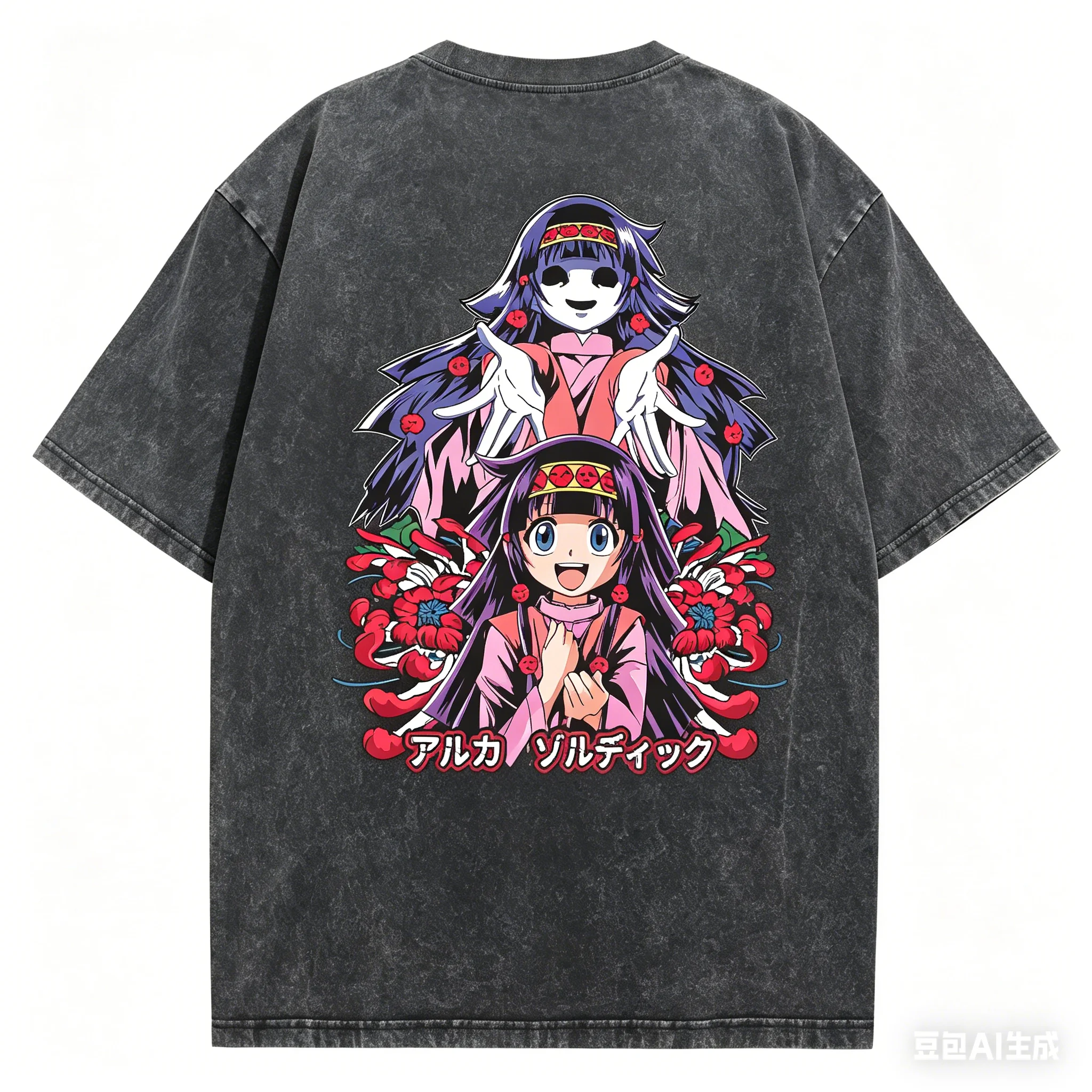 

2026 summer Hunter x Hunter T-shirt, Vintage Washed Black, Oversized Cotton Tee With Alluka & Nanika Floral Art Print