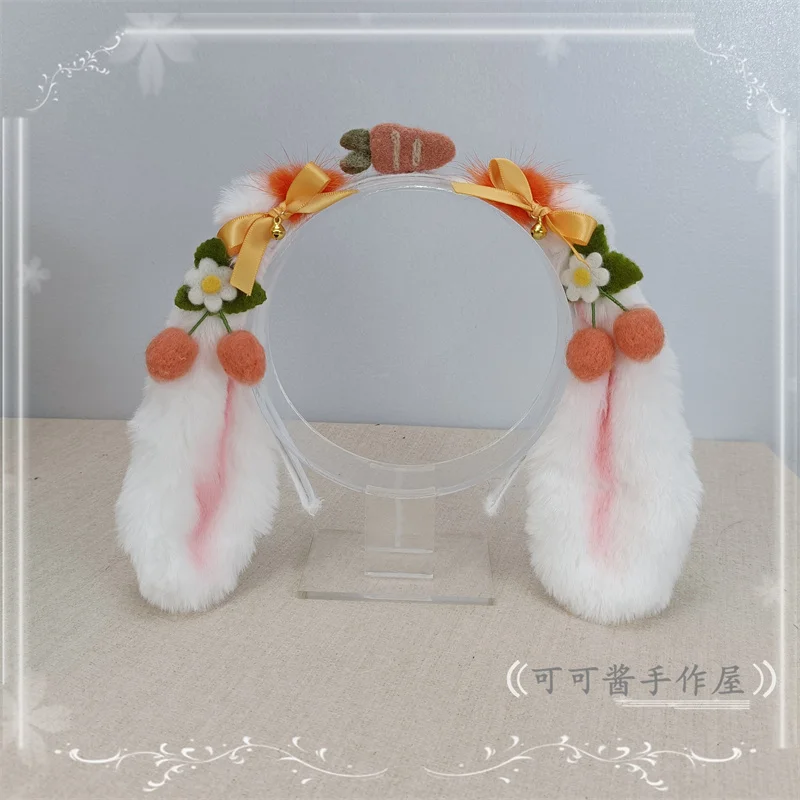 Rabbit Year Chinese Red Cherry Lop Eared Rabbit Headband KC Lolita Plush Rabbit Ears Headdress Hair Accessories for Girls