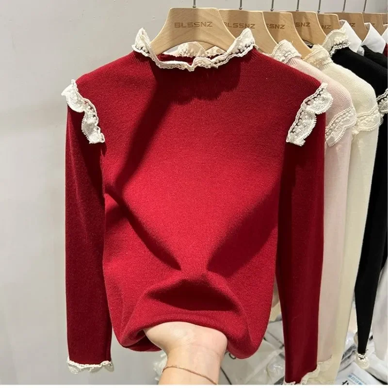 

Кружевной женский осенне-зимний новый дизайн, однотонный топ абрикосового цвета, свитер