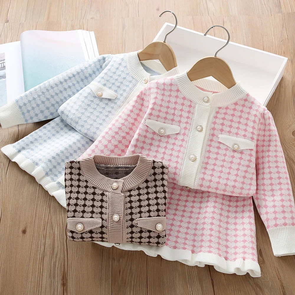 

Girls Knitted Clothes Sets Spring Autumn Children Woolen Jersey Sweaters Tops Skirts 2pcs Princess Suit For Baby Outfits Kids 6Y